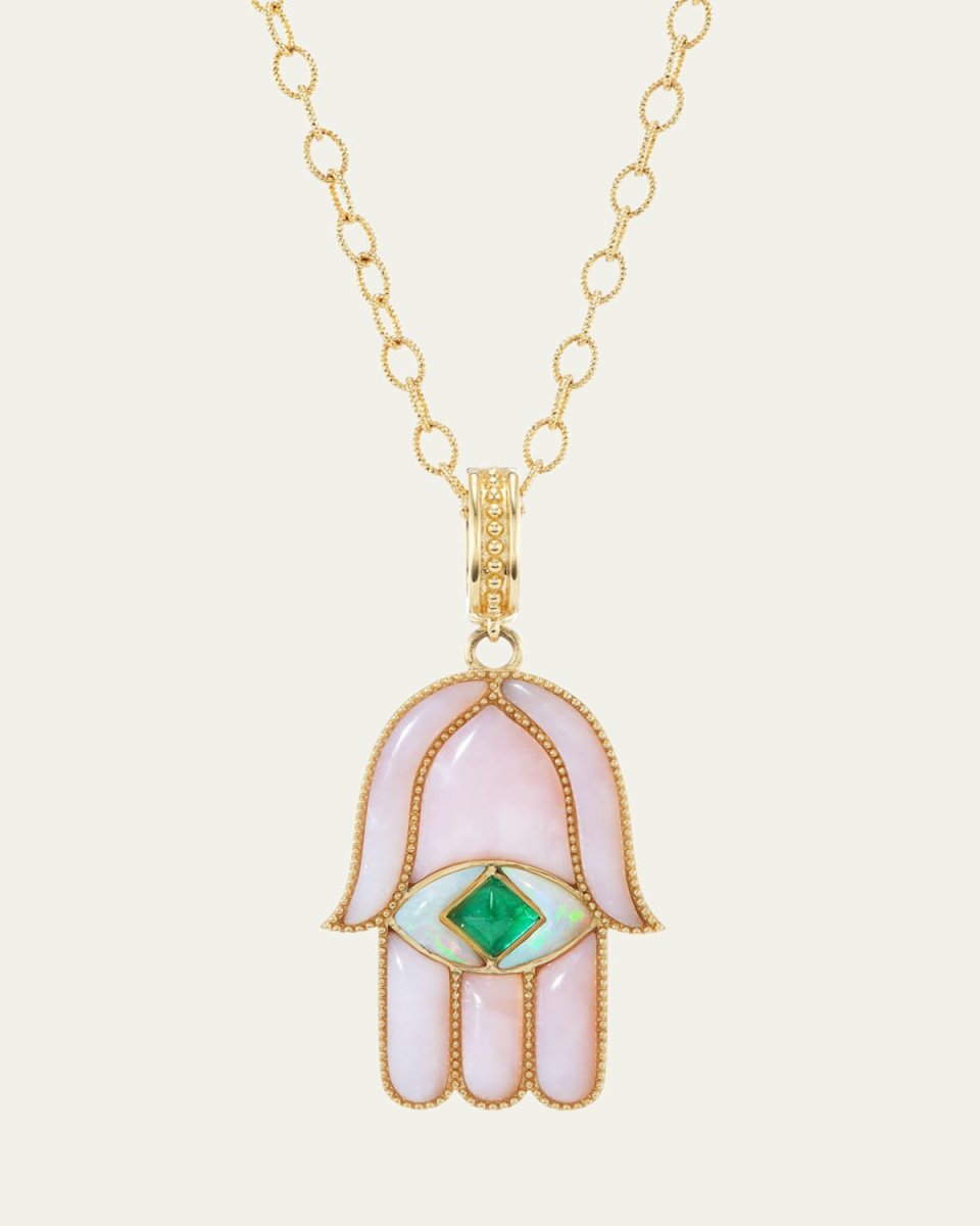18K Yellow Gold Large Hamsa Amulet Necklace with Opal and Emerald